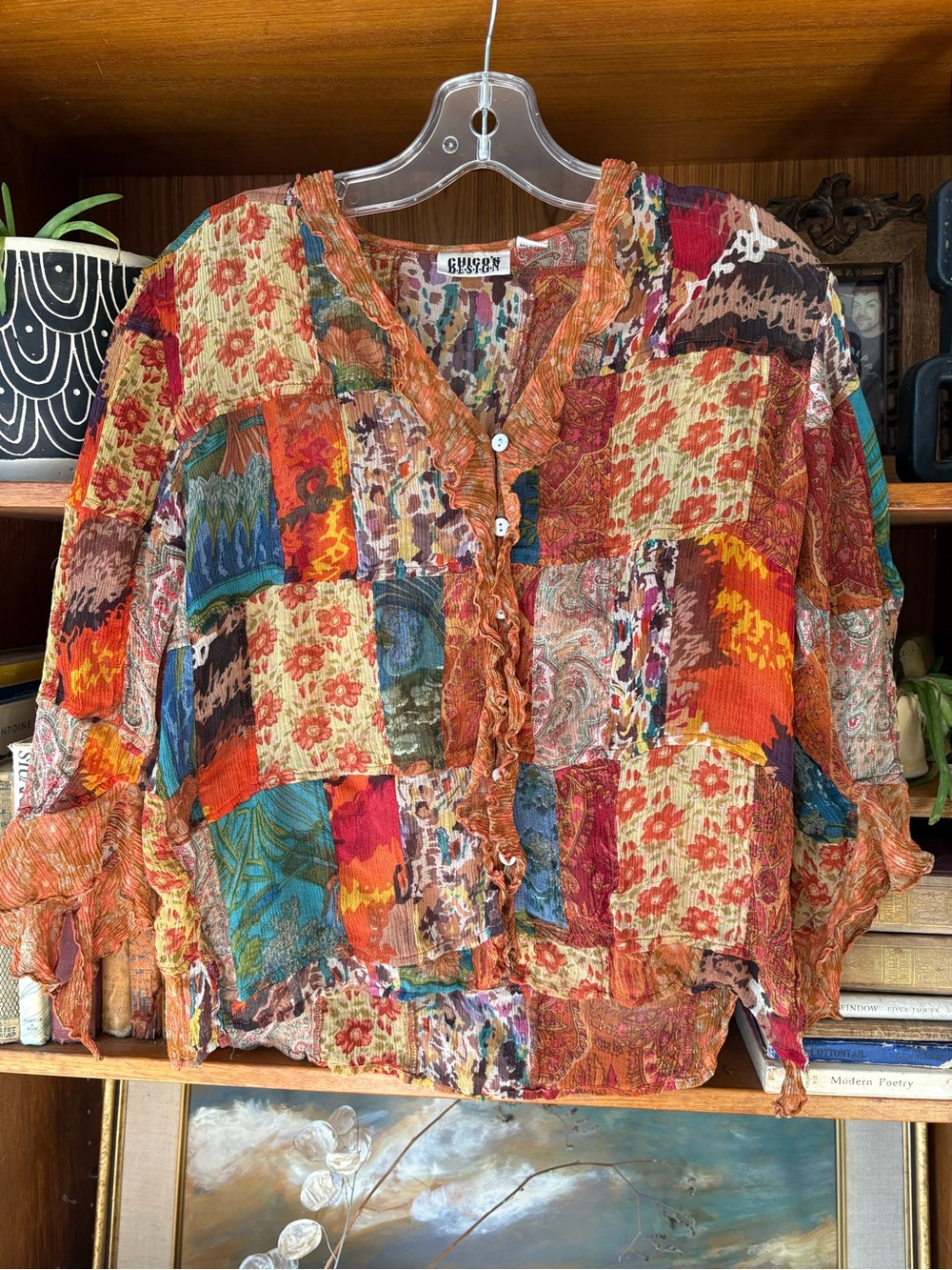 100% Silk Colourful Patchwork 90s Boho Blouse S